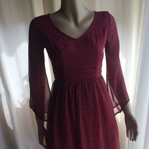 Hollister Red Pattern Sheer Long Midi sleeve Dress